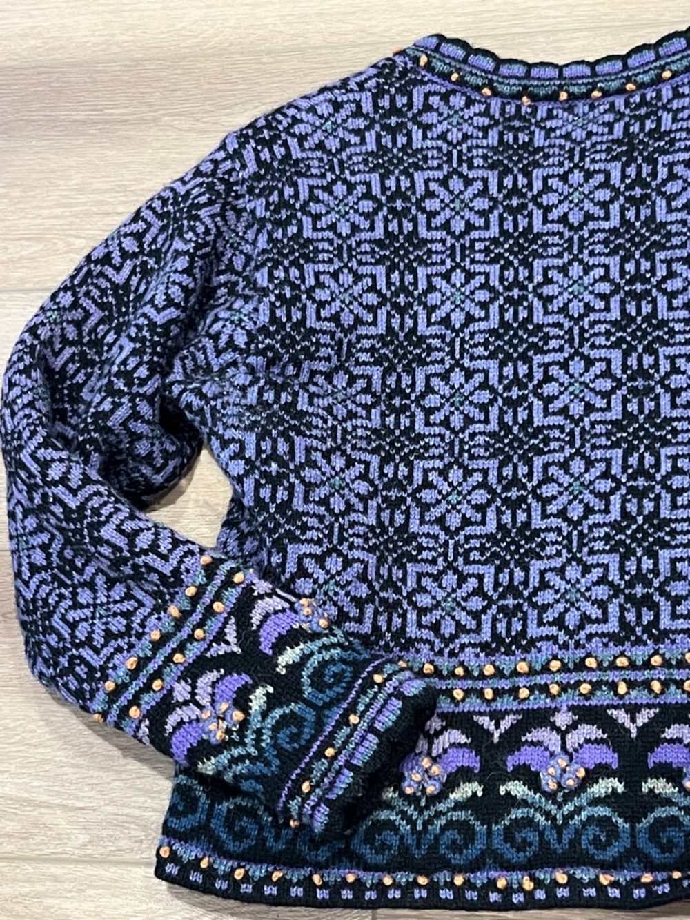 Women’s Icelandic Navy and Purple Patterned Wool Cardigan Sweater Size Small - Picture 13 of 15